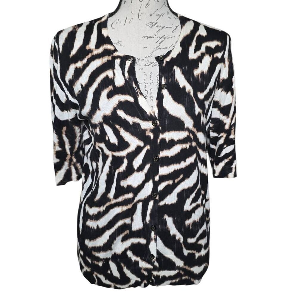 Ann Taylor Women's Size Med Black White Tan Animal Print Elbow Length Cardigan